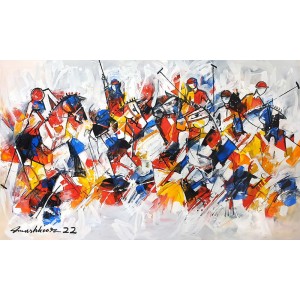 Mashkoor Raza, 36 x 60 Inch, Oil on Canvas, Polo Painting, AC-MR-517